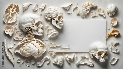 Parts of human anatomy and bones with white blank sheet of paper, blank note, clear note with white background.