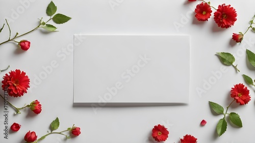 White blank sheet of paper with red flowers and plants, blank note on white background.