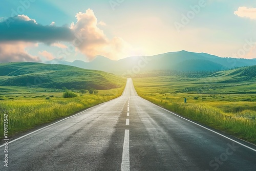 Road trip travel and future vision concept. Nature landscape with highway road leading forward.