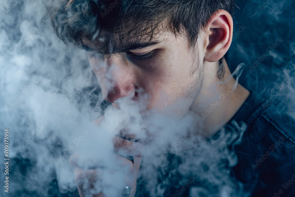 A young man vaping, face covered in vape smoke