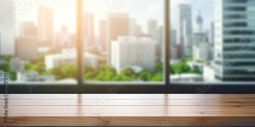 Office building with wood table top and blurred white glass window background for product display and key visual layout in a montage.