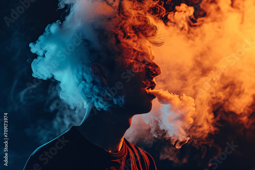 A young man vaping, face covered in vape smoke