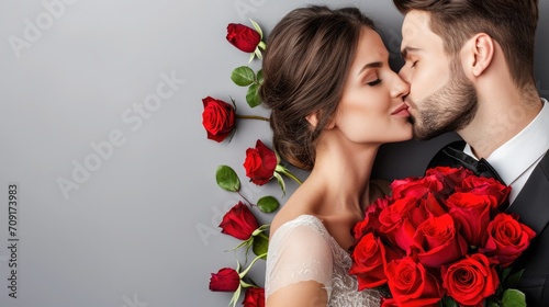 Romantic couple kissing, surrounded by red roses symbolizing love and Valentine's Day. 