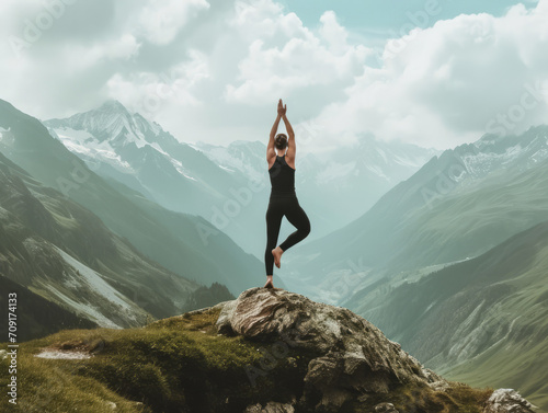 Woman practicing yoga on a rock in front of a beautiful mountain landscape