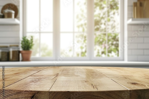 Empty beautiful wood tabletop counter and blur bokeh modern kitchen interior background in clean and bright, Banner, Ready for product montage.