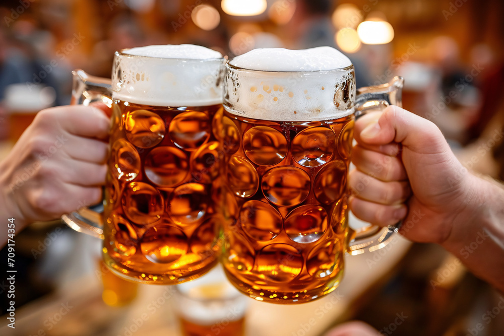 People toasting with German beer jugs close up, Bavarian beer culture People toasting with German beer jugs close up, Bavarian beer culture