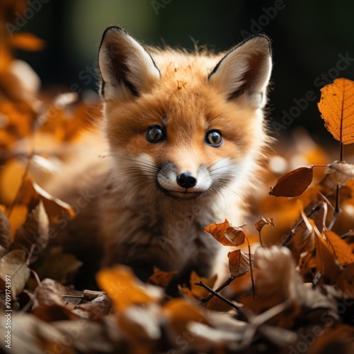 Photo of a curious baby fox exploring the forest. Generative AI © Aditya