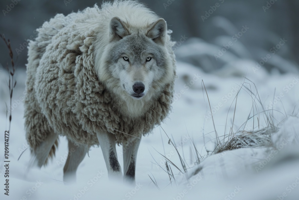 Naklejka premium Wolf prowling in sheep's clothing