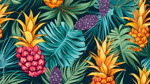 Pattern with Palm Leaves  Pineapples  and Exotic Flowers