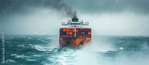 Container ship sailing in rough sea close to shore.