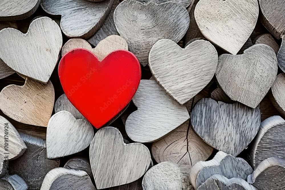 Obraz premium Red heart is placed in the middle of wooden hearts, in the style of collage-like, light gray, light gray and red, light gray and light crimson.