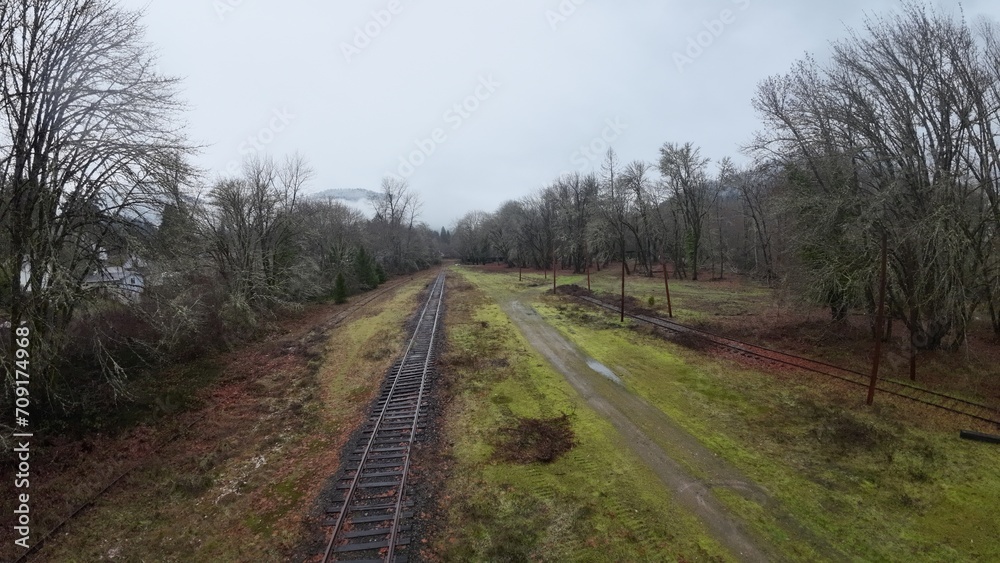view from the top of an abandoned railroad track as it runs through a green field
