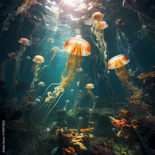 A surreal underwater scene with floating jellyfish.