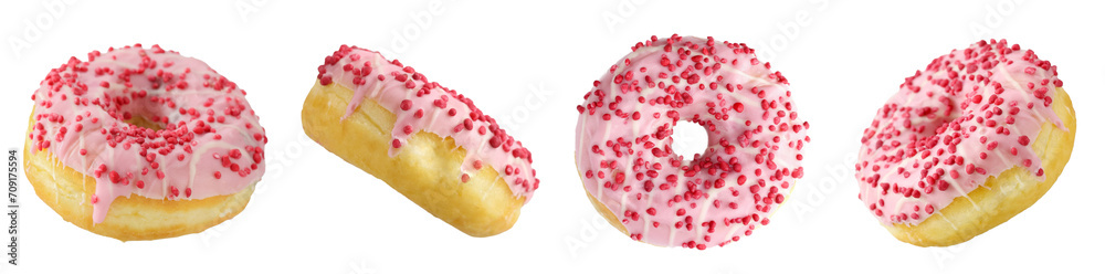 Set of Pink American strawberry doughnut with pink sprinkles shooting in difference angle isolated on white background. Using for create flying food poster advertising. Set of Pink American strawberry doughnut with pink sprinkles shooting in difference angle isolated on white background. Using for create flying food poster advertising.