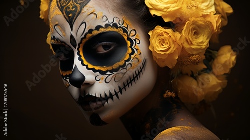 Day of the Dead illustration with sugar skull girl in decorative flower wreath. Neural network AI generated art