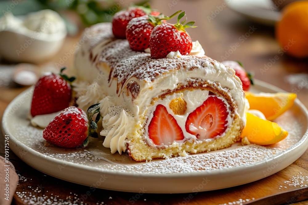 Sponge cake roll with cream, strawberries and orange fruits on a white plate on wooded table background. Perfect exposure and bright image Sponge cake roll with cream, strawberries and orange fruits on a white plate on wooded table background. Perfect exposure and bright image