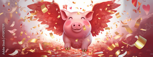 Crimson Wings of Fortune: A Piggy Bank's Romantic Flight