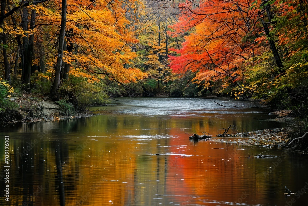 Still river, the water reflecting the fiery colors of the autumn foliage lining the banks
