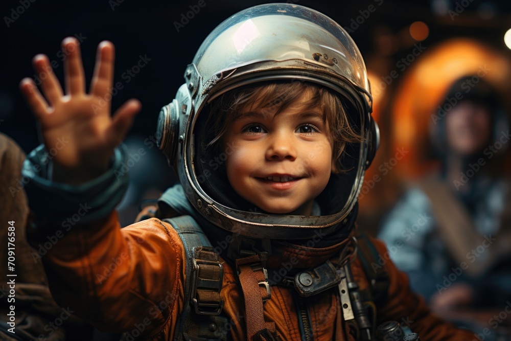 Little astronaut boy in space suit and helmet excited for space adventure looking at camera Little astronaut boy in space suit and helmet excited for space adventure looking at camera