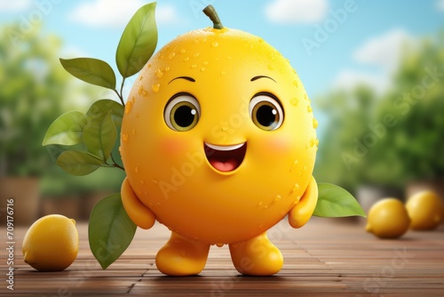 Yellow lemon cartoon character in man style Realistic image with leaves generative AI