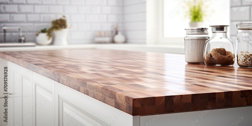 Choosing to highlight the end grain wood counter top in a blurred white kitchen background, perfect for showcasing products or creating a visual design. Choosing to highlight the end grain wood counter top in a blurred white kitchen background, perfect for showcasing products or creating a visual design.