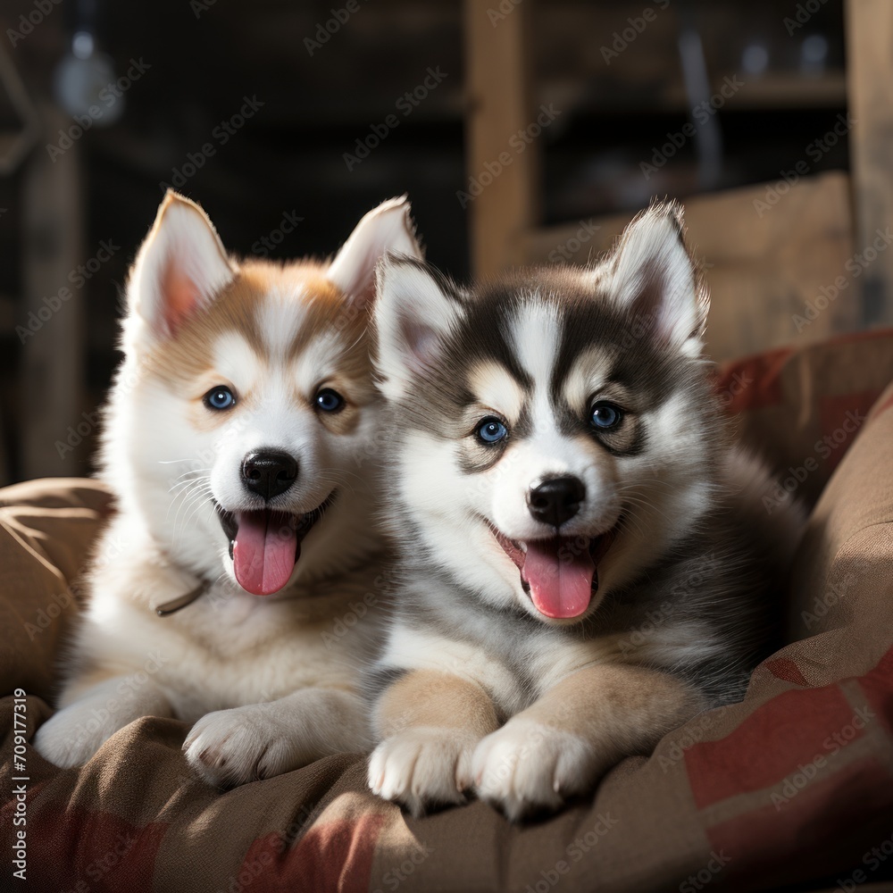 Photo of a pair of adorable husky puppies playing. Generative AI