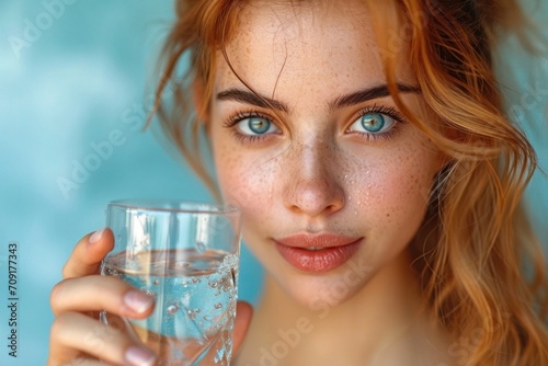 close up portrait of joyful attractive women on blue background, isolated, , Closeup of a woman drinking clear water for skin hydration, woman with glass of water