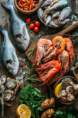 Various seafood on a wooden background. Selective focus.
