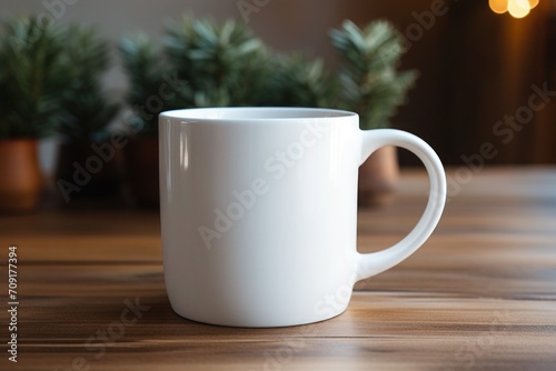Minimalist white mug  a cozy addition to any morning routine  cup of coffee on the table  mockup