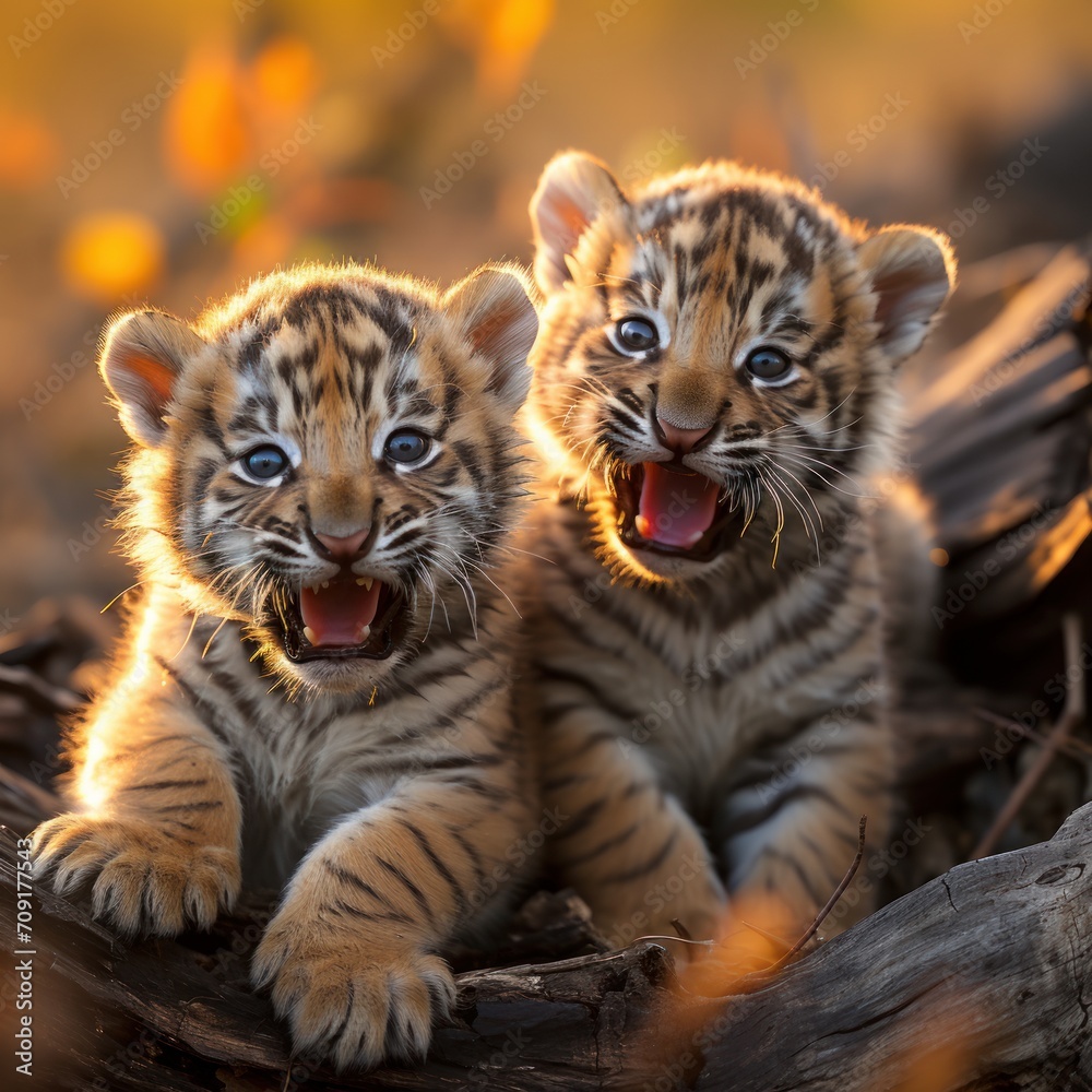 Photo of a playful baby tiger cub with its siblings. Generative AI