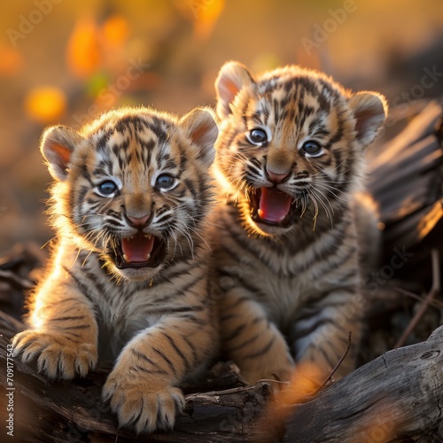 Photo of a playful baby tiger cub with its siblings. Generative AI