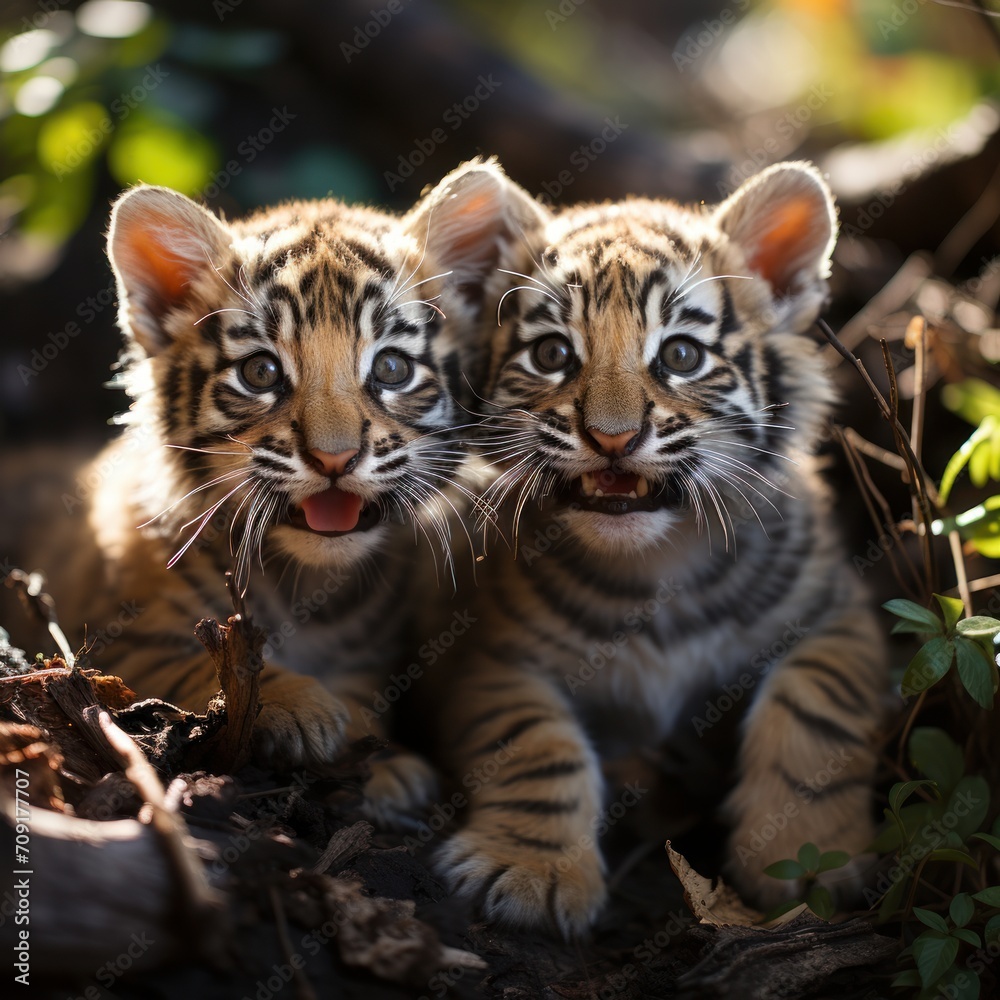 Photo of a playful baby tiger cub with its siblings. Generative AI