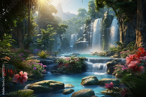 Tranquil Tropical Waterfall Oasis with Lush Vegetation © crystalgfxdesigns
