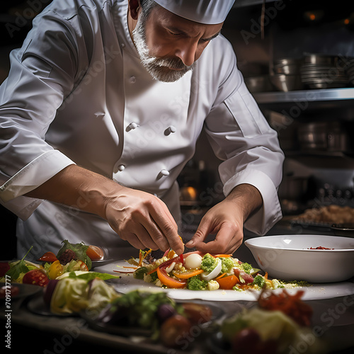 Close-up of a chef preparing a gourmet dish.