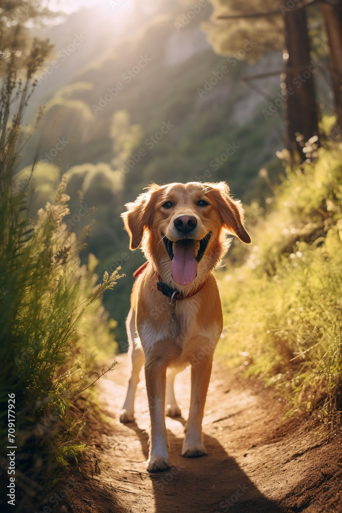 Happy dog on a hiking trail in summer. Adventures with your dog