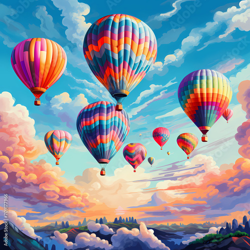 Colorful hot air balloons against a blue sky
