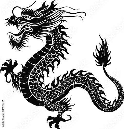 Silhouette asian dragon full body black color only