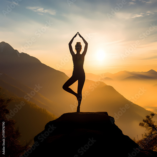 Silhouette of a person practicing yoga on a misty mountaintop.