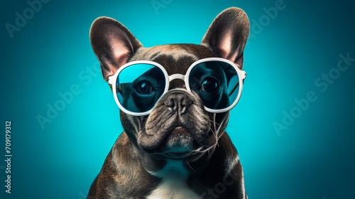 Stylish French Bulldog Wearing White Sunglasses on Blue Background