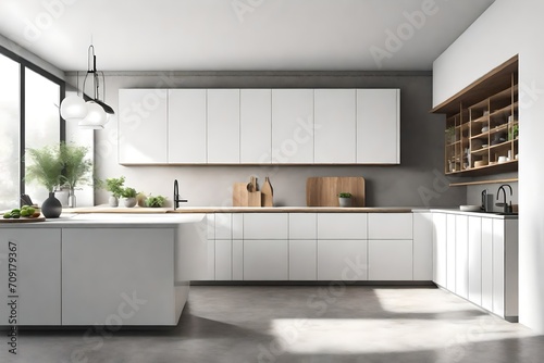 Corner of modern kitchen with white walls  concrete floor and cupboards 3d rendering