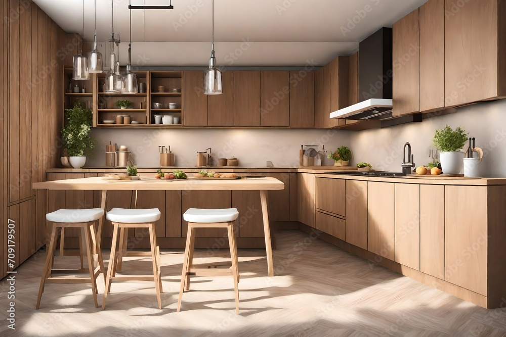 modern kitchen in an city apartment. Kitchen interior design with brown woods cabinets below and light brown cabinets on the top. 3d illustration breakfast area in the kitchen