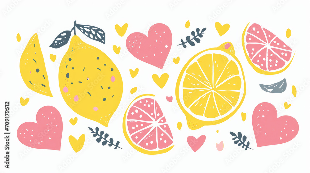 Hand drawn doodle lemons and hearts, graphic banner on white background