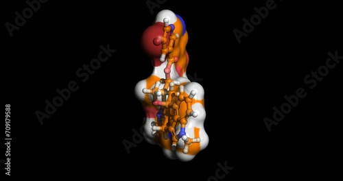 Nicergoline, vasodilator drug for treatment of senile dementia, migraines, transient ischemia, 3D molecule spinning, 4K photo