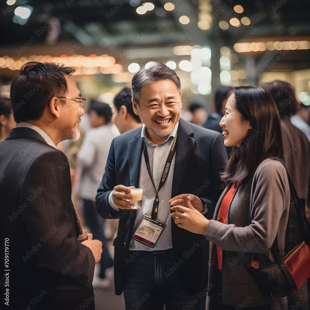 © Andrei - Asian business people at a conference break, smiling and chatting, talking about economy growth and partnerships.