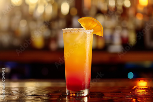 A tequila sunrise alcoholic drink at a bar close-up