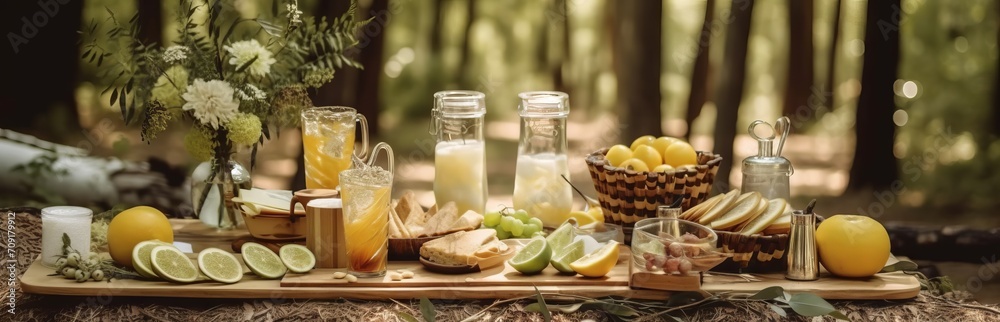 Picnic in the forest at the dining table, catering with an assortment of food and light snacks, summer decor against the backdrop of green grass. Concept: outdoor recreation, delicious food.
Picnic in the forest at the dining table, catering with an assortment of food and light snacks, summer decor against the backdrop of green grass. Concept: outdoor recreation, delicious food.