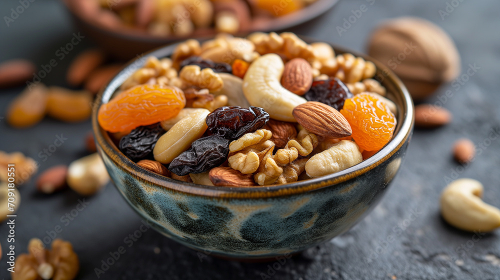 Assorted raw nuts and vibrant dried fruits in a decorative bowl. Assorted raw nuts and vibrant dried fruits in a decorative bowl.