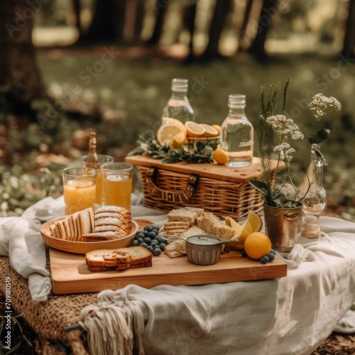 Picnic, food catering with assortment of food and light snacks, summer decor on green grass background. Concept: outdoor recreation, delicious food. Romantic lunch with scenery