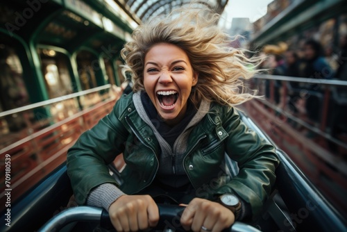 woman jumping on the roller coaster and look happy