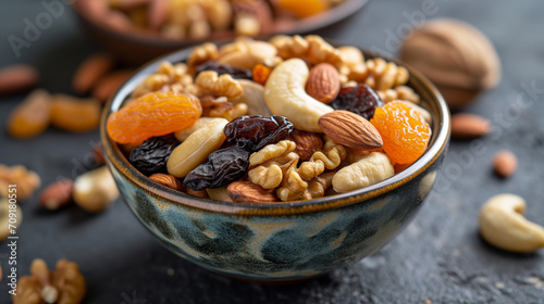 Assorted raw nuts and vibrant dried fruits in a decorative bowl.